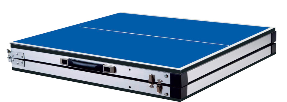 The FoxTT Fox TT Mini Table Tennis Table is a compact, blue, rectangular case with metal edges and a handle, designed to resemble a folded portable table tennis table.