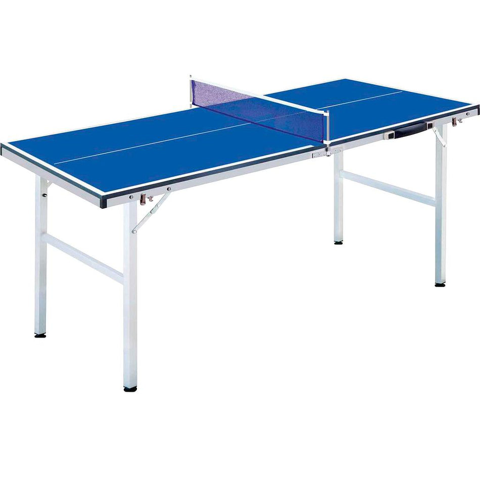 The FoxTT Fox TT Mini Table Tennis Table features a blue surface with white markings, a center net, and foldable white metal legs—ideal for portable indoor ping pong fun. Shown on a plain white background.