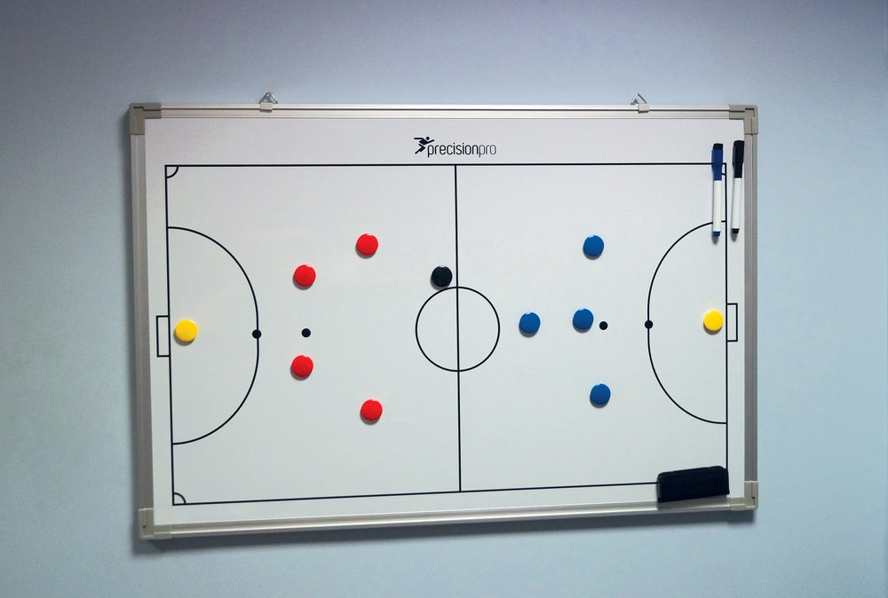 The Precision Training Precision Futsal Tactics Board features a magnetic soccer field, colored player magnets, a black ball magnet, two dry-wipe markers, and an eraser—perfect for visualizing futsal strategies and coaching.