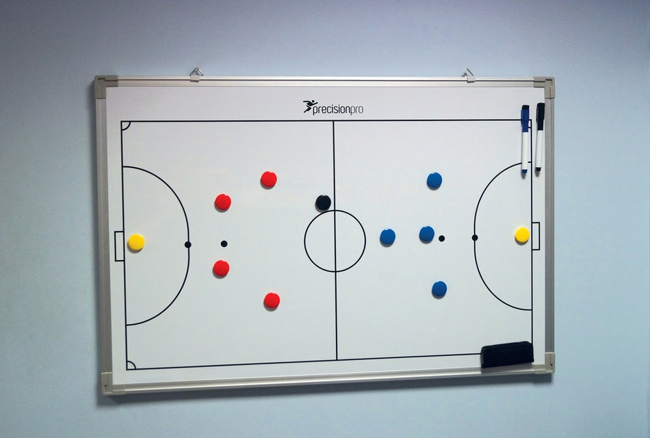 The Precision Training Precision Futsal Tactics Board features a magnetic soccer field, colored player magnets, a black ball magnet, two dry-wipe markers, and an eraser—perfect for visualizing futsal strategies and coaching.
