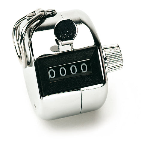 The Precision Training Precision Tally Counter is a silver handheld device with single lever action, a mechanical 0000 display, and a metal loop at the top.