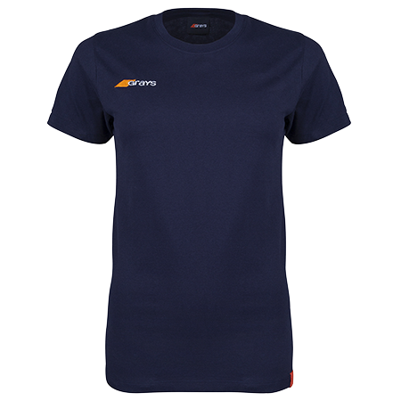 The Grays Ladies Tangent Tee Shirt is a navy blue short-sleeve top in soft organic cotton jersey, featuring a small orange and white logo on the left chest and a red tag near the hem, shown on a white background.