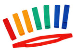Seven Reydon Sports Team Bands - 100cm in red, orange, green, and blue are arranged parallel on a white background. A long red Team Band is curved below the others.