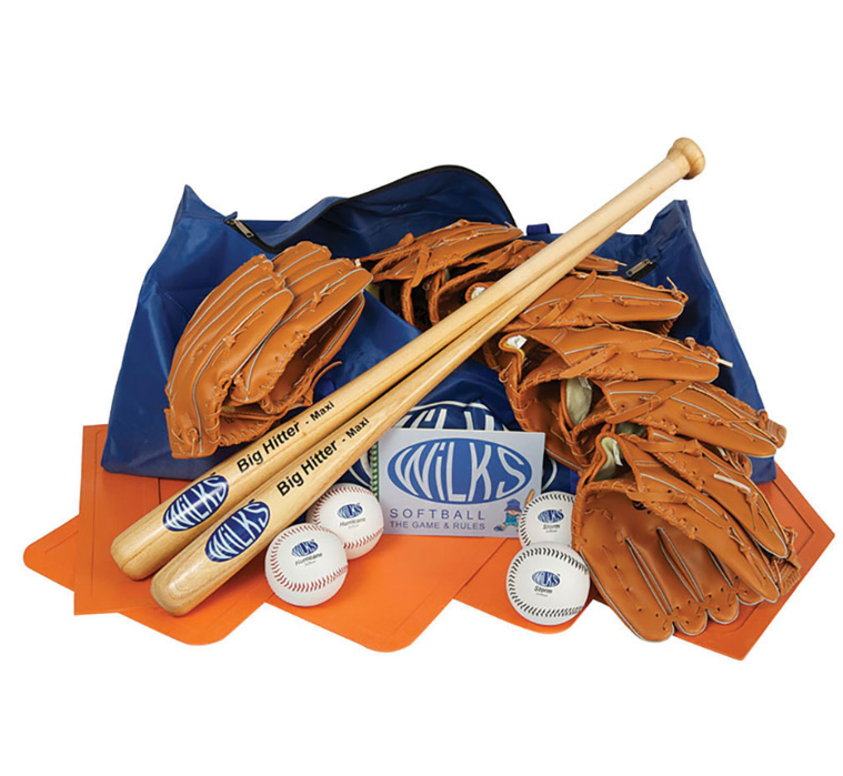 The Wilks Softball Teambuilder Set by Wilks includes two wooden bats, ten brown gloves, four white balls, orange bases, and a blue carrying bag—everything your team needs for the next softball practice.