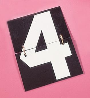 The Telegraph Number plates 1-4 by R J Hill Engineering feature a large white number 4 on an anti-glare black plastic card with metal rings, shown against a pink background.