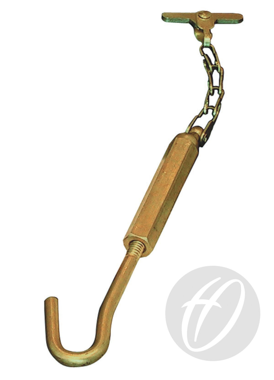 The Harrod Sport Solid Brass Swivel Adjuster features a hooked metal turnbuckle, short chain, and T-shaped toggle for precise tensioning and secure fastening.