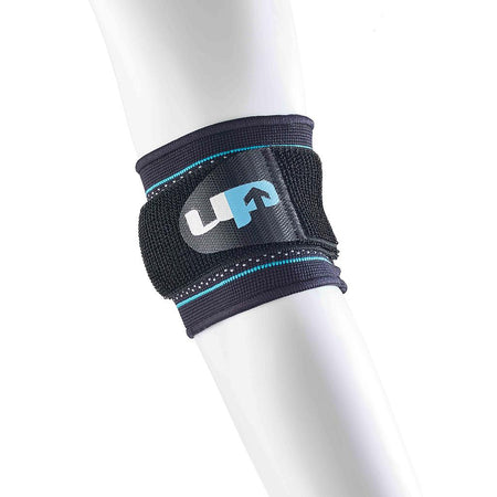 The Reydon Sports Ultimate Performance Advanced Ultimate Compression Tennis Elbow, black with blue stitching and Velcro closure, is wrapped around a mannequin’s arm. The strap displays a logo with white and blue accents.