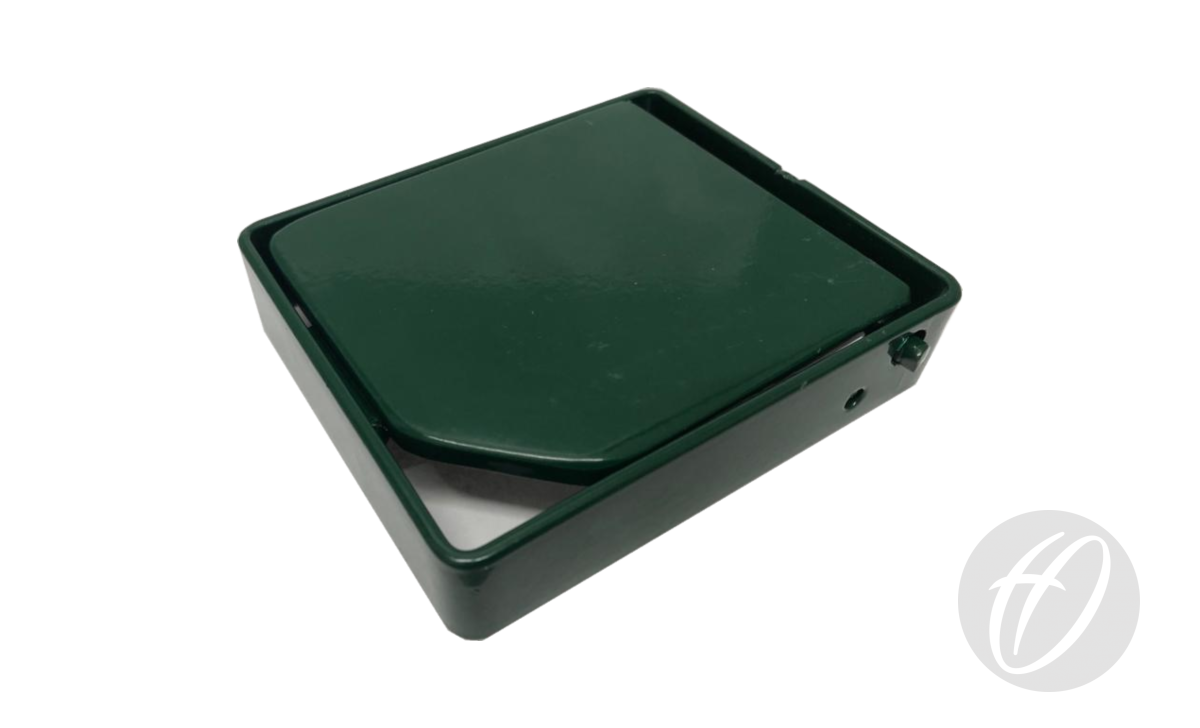 A dark green, rectangular Harrod Sport S8 Tennis Socket Raiser 25MM with a hinged lid, slightly open to show its white interior, sits on a white surface featuring a faint gray logo in the bottom right corner.