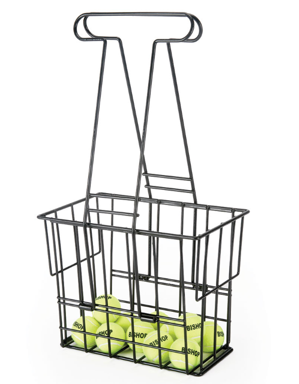 The Mastersport Tennis Ball Retriever Basket, a heavy-duty plastic-coated collector with handles, contains several yellow tennis balls at the bottom and is set against a white background.