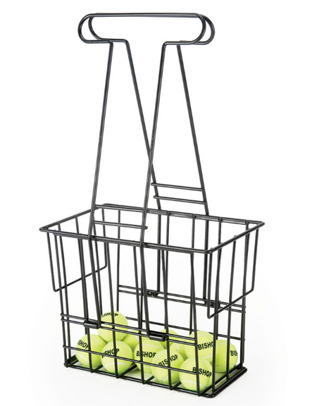 The Mastersport Tennis Ball Retriever Basket, a heavy-duty plastic-coated collector with handles, contains several yellow tennis balls at the bottom and is set against a white background.