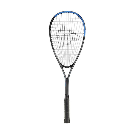 The Dunlop Sonic Lite TI Squash Racket features a black handle, black frame, blue accents on the head, and white strings—ideal for recreational players and shown vertically against a white background.