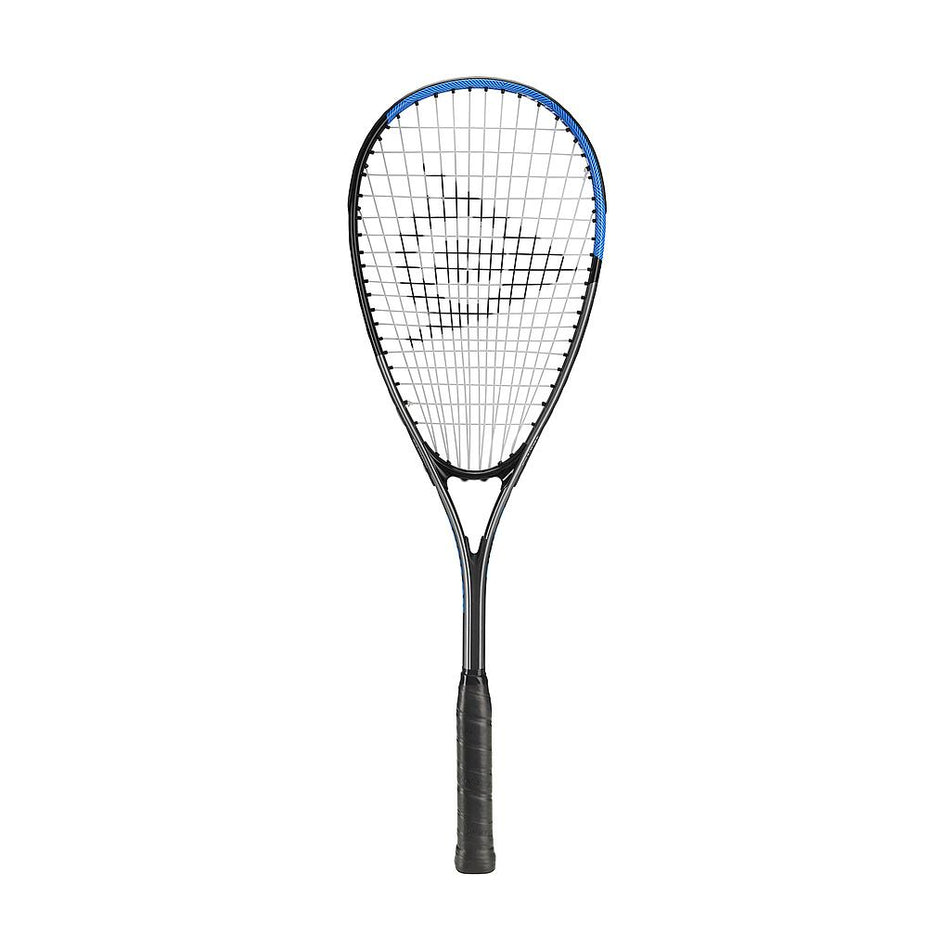 The Dunlop Sonic Lite TI Squash Racket features a black handle, black frame, blue accents on the head, and white strings—ideal for recreational players and shown vertically against a white background.