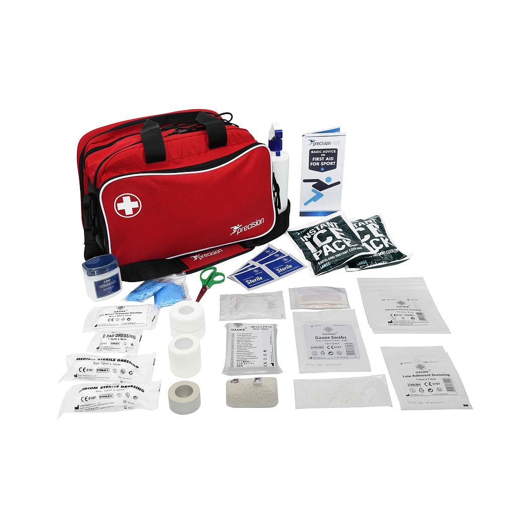 The Precision Training Precision Pro HX Run On Touchline Medi Bag + Medical Kit A, a red sports first aid bag with a white cross, is open to display its contents: bandages, gauze, scissors, gloves, tape, ice packs, and antiseptic wipes.