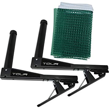 Two reinforced black metal Dunlop Tour Net & Post Set posts are shown next to a folded green micro fibre net with a white edge and easy-clip system for quick setup.