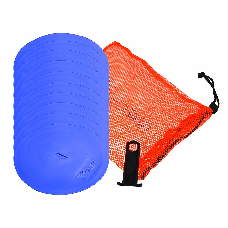 The Precision Training Precision Round Marker Discs (Set of 10) in blue, stacked with a black holder, are placed beside an orange mesh drawstring bag on a white background.