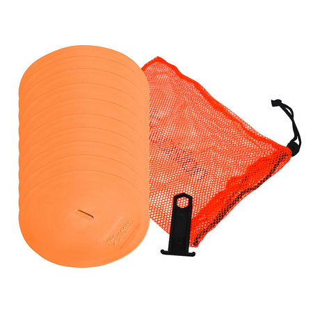 The Precision Training Precision Round Marker Discs (Set of 10) in orange are displayed with a black holder and an orange mesh drawstring bag, all shown on a white background.
