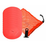 The Precision Training Precision Round Marker Discs (Set of 10) in red are shown with a black holder and a matching red mesh drawstring bag against a white background.