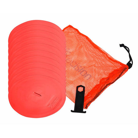 The Precision Training Precision Round Marker Discs (Set of 10) in red are shown with a black holder and a matching red mesh drawstring bag against a white background.