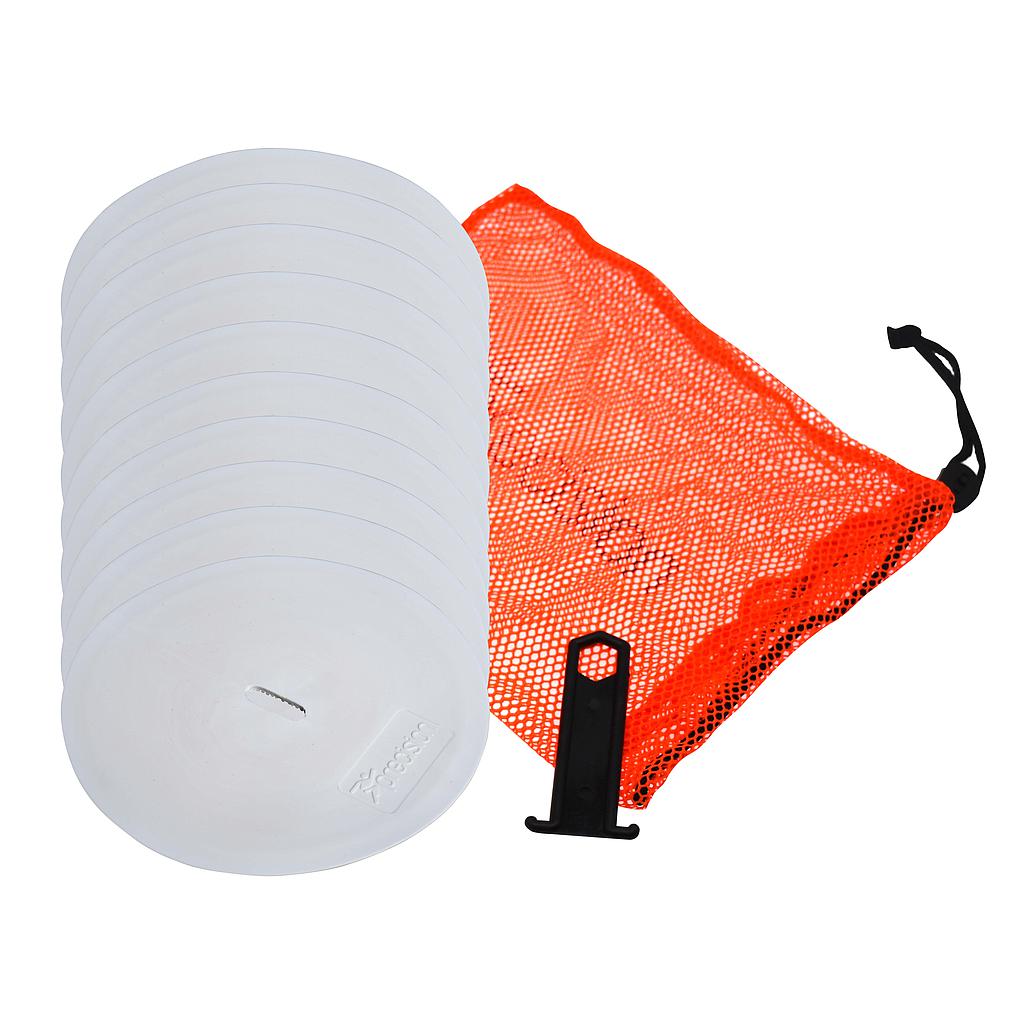 The Precision Training Round Marker Discs (Set of 10) in white are shown with an orange mesh carry bag and a black plastic stand, all arranged on a white background.