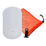 The Precision Training Round Marker Discs (Set of 10) in white are shown with an orange mesh carry bag and a black plastic stand, all arranged on a white background.