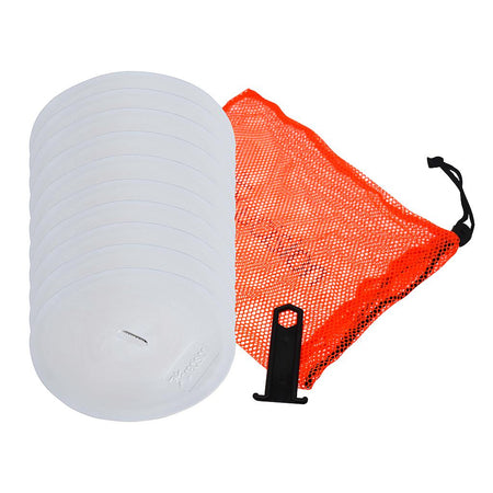 The Precision Training Round Marker Discs (Set of 10) in white are shown with an orange mesh carry bag and a black plastic stand, all arranged on a white background.