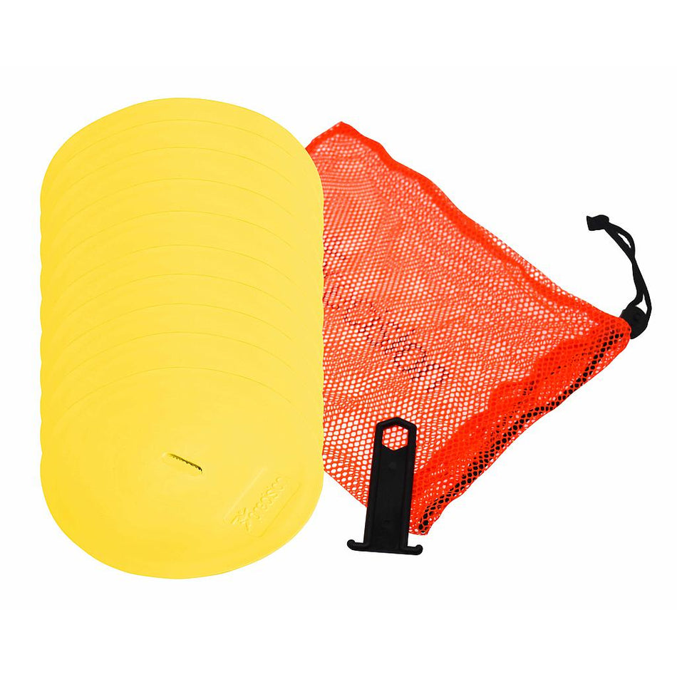 The Precision Training Precision Round Marker Discs (Set of 10) in yellow are ideal for sports training and drills. Includes a black holder and orange mesh drawstring bag for easy storage and transport.