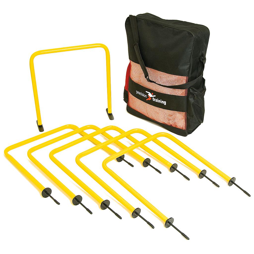 Six yellow Precision Indoor/Outdoor Passing Arcs by Precision Training are displayed in front of a black and red carry bag. Perfect for sports training, fitness exercises, and passing drills, they're suitable for use indoors or outdoors.