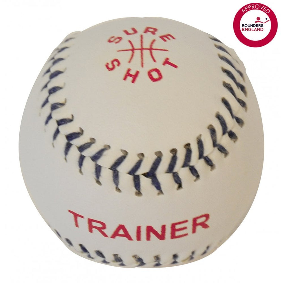 The Sure Shot Trainer Rounders Ball is a white trainer with blue stitching, a durable PVC leather cover, red SURE SHOT and TRAINER text, and a red Approved Rounders England logo in the top right corner.