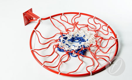 The Harrod Sport Tricolour Basketball Nets, featuring a red metal hoop and a red, white, and blue braided net, rest flat on a white surface. The wall or backboard mounting base plate is visible on the left.