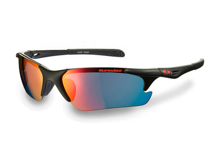 Sporty Sunwise Twister Sunglasses in black feature a sleek, aerodynamic design, partially rimless frames, mirrored red-blue interchangeable lenses, "sunwise" in orange on the lens, and a red logo on the black arm.