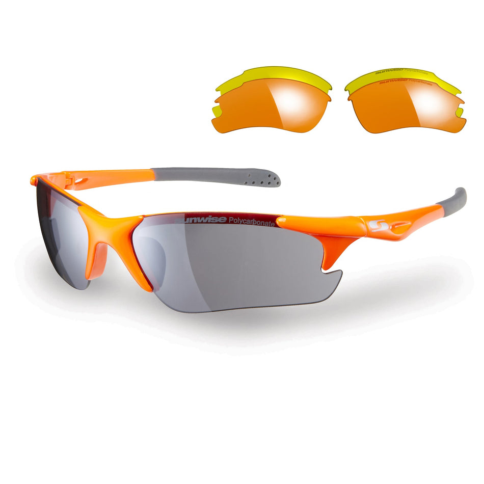 Sunwise Twister Sunglasses by Sunwise feature orange frames and come with interchangeable lenses for versatile wrap-around protection during sports activities.