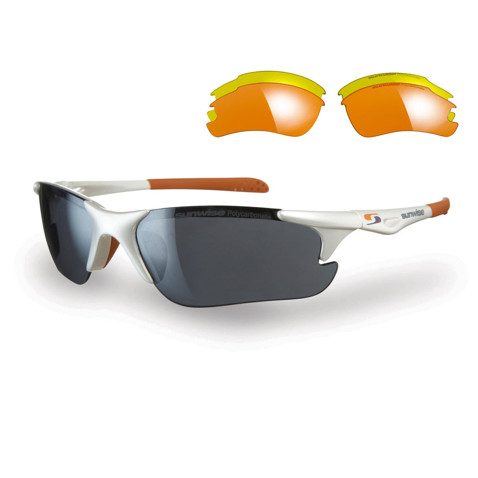 Sporty Sunwise Twister Sunglasses by Sunwise in white, featuring dark wrap-around lenses. Includes two sets of interchangeable yellow and orange lenses displayed above the glasses.