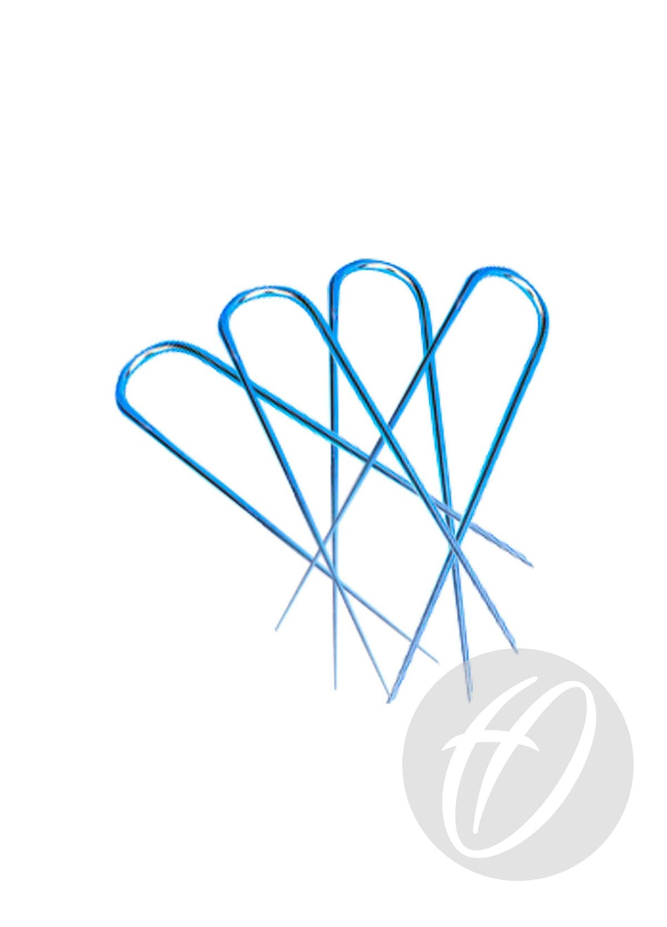 Four Harrod Sport U Peg Anchors (6MM x 200MM) in blue steel are arranged in an overlapping U pattern on a white background, with a faint circular logo in the bottom right corner.