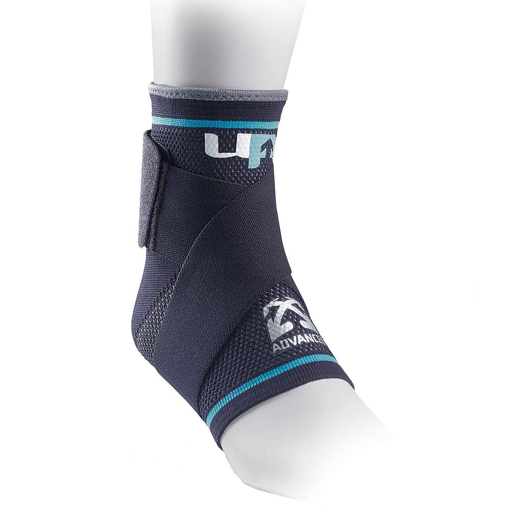 The Reydon Sports Ultimate Performance Advanced Ultimate Compression Ankle Support, shown in black and gray with blue accents on a mannequin’s foot, features branding, a Velcro strap for adjustable compression, and 4-way stretch fabric for support.