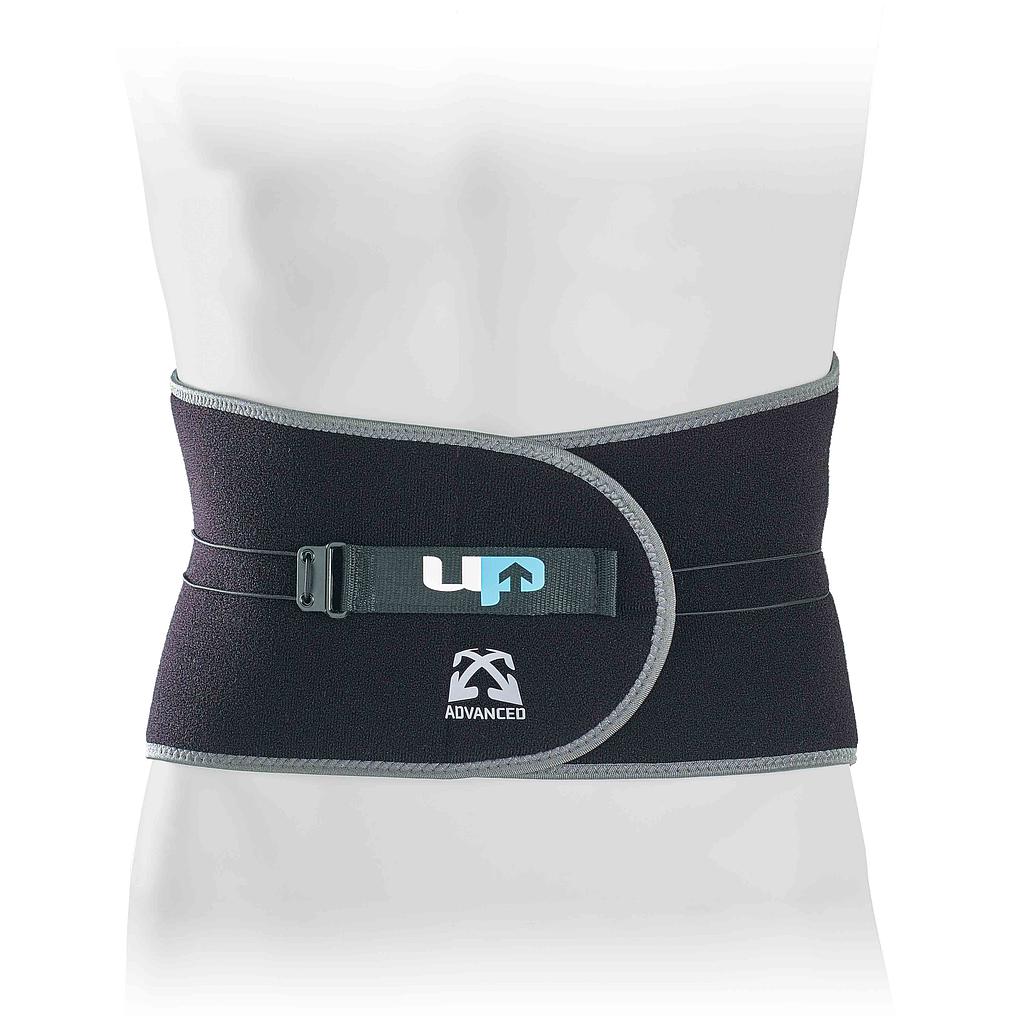 The Reydon Sports Ultimate Performance Advanced Back Support With Adjustable Tensi, in black and gray with bi-lateral tension straps, is wrapped around a mannequin’s waist.