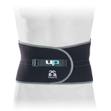 The Reydon Sports Ultimate Performance Advanced Back Support With Adjustable Tensi, in black and gray with bi-lateral tension straps, is wrapped around a mannequin’s waist.