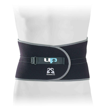 The Reydon Sports Ultimate Performance Advanced Back Support With Adjustable Tensi, in black and gray with bi-lateral tension straps, is wrapped around a mannequin’s waist.