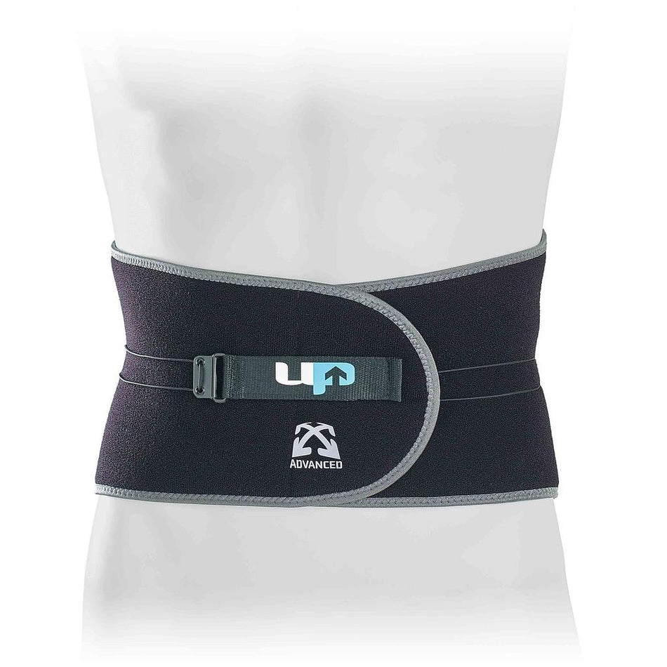 The Reydon Sports Ultimate Performance Advanced Back Support With Adjustable Tensi, in black and gray with bi-lateral tension straps, is wrapped around a mannequin’s waist.