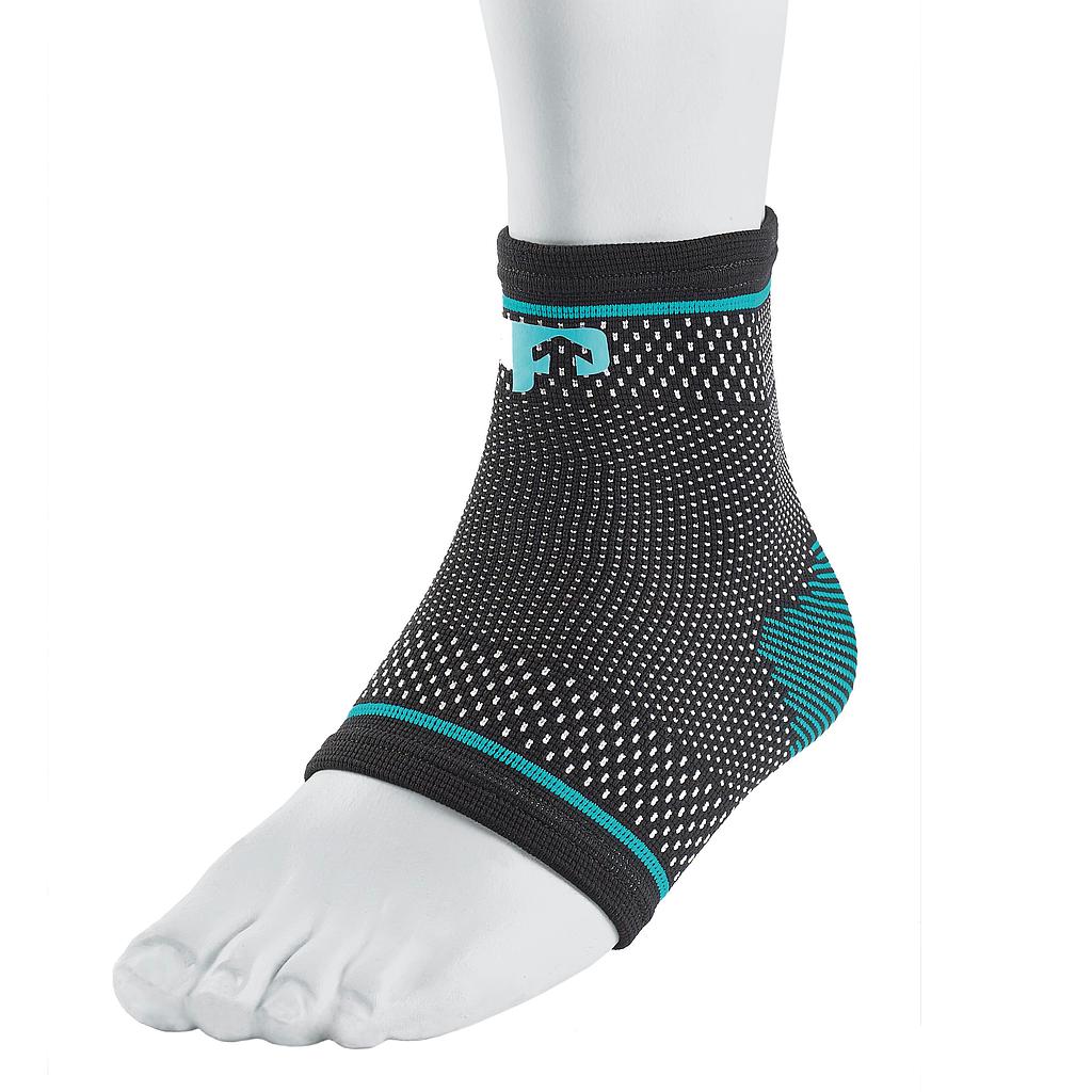 A white mannequin foot displays the Reydon Sports Ultimate Performance Ultimate Compression Elastic Ankle Support in black with blue accents and a dotted pattern, designed for injury recovery and optimal support.