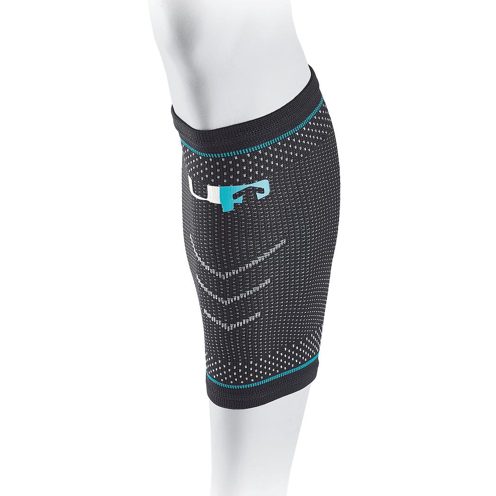 The Reydon Sports Ultimate Performance Ultimate Compression Elastic Calf Support, shown on a mannequin's lower leg, features black and gray fabric with blue accents and a white logo, designed for elastic support and injury recovery.