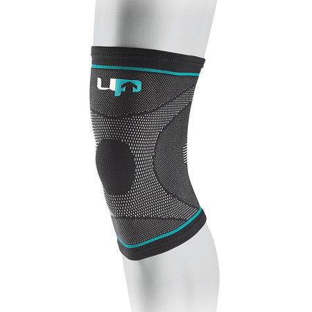 The Reydon Sports Ultimate Performance Ultimate Compression Elastic Knee Support in black and gray with turquoise accents features flexible, breathable fabric and a logo on the upper band—ideal for knee injury recovery.
