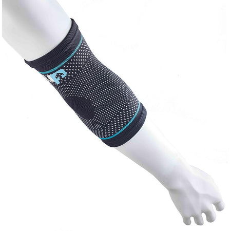 The Reydon Sports Ultimate Performance Ultimate Compression Elastic Elbow Support, in black and gray with turquoise accents, features breathable four-way stretch fabric and targeted circular elbow padding, worn on a mannequin's arm above and below the elbow.