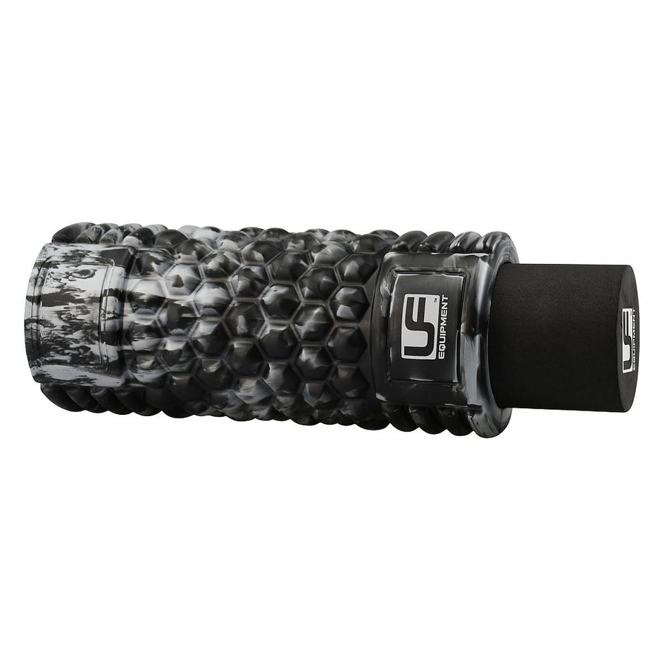 The Urban Fitness 2 in 1 Massage Roller Set by Urban Fitness features a black and gray honeycomb-textured roller with a hollow core and cylindrical compartment—perfect for rehabilitation exercises and deep massage routines.