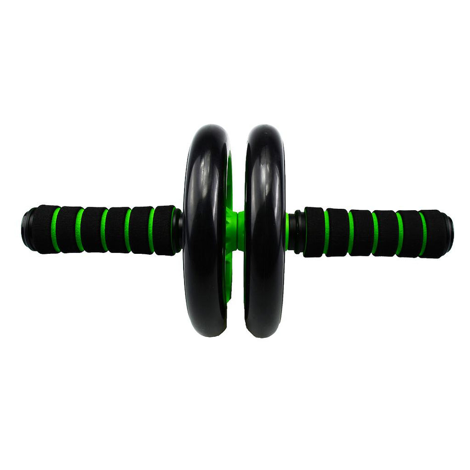 The Urban Fitness Ab Roller by Urban Fitness has two black wheels, green accents, and core fitness foam handles with green stripes on a black handlebar, displayed on a white background.