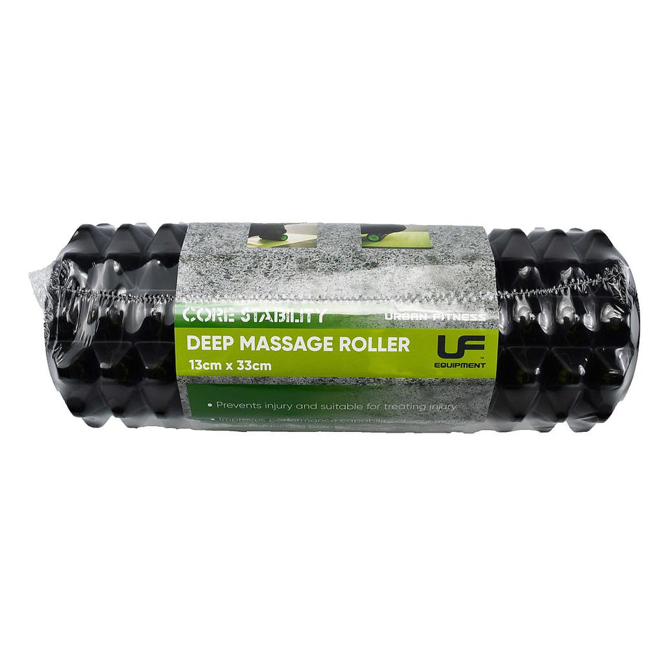 A black, textured Urban Fitness Deep Massage Roller for deep tissue massage comes in clear packaging with green and white text. Labeled 13cm x 33cm by Urban Fitness.