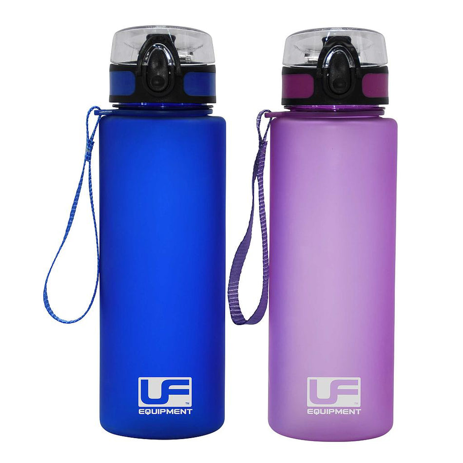 Two Urban Fitness Flow Flip Lid Water Bottles 700ml—one blue, one purple—with flip lids, carrying straps, easy flow mouthpieces, and the Urban Fitness logo near the base.