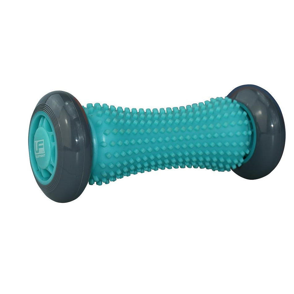 The Urban Fitness Foot Massage Roller by Urban Fitness is a blue, textured roller with gray end wheels, designed to massage and exercise feet for improved circulation and pain relief, shown isolated on a white background.