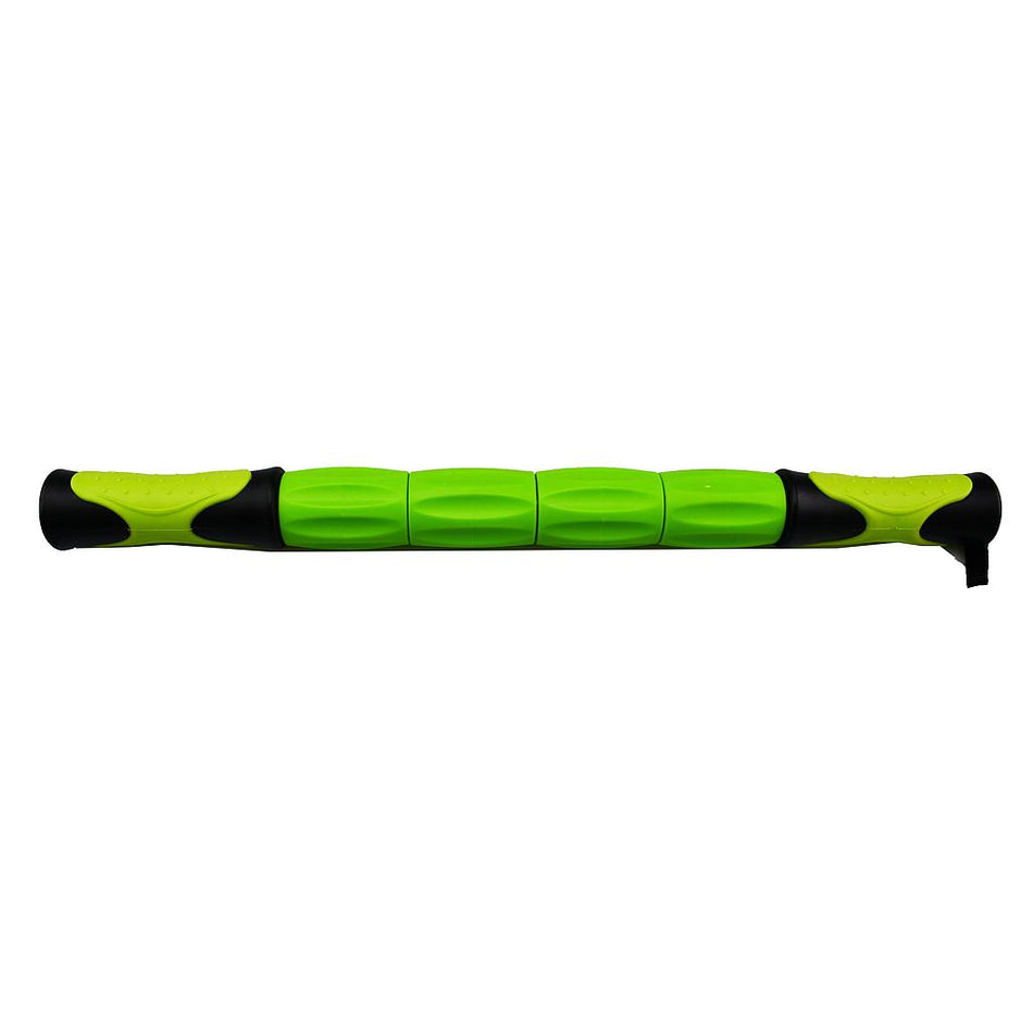 The Urban Fitness Massage Stick by Urban Fitness is a green and black handheld massager with textured handles and segmented rollers, designed for muscle recovery and better blood circulation.