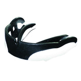 The Shock Doctor Shockdoctor V1.5 Mouthguard, shown from an angled side view, features a black-and-white design with a shock-absorbing jaw pad to protect teeth and gums while enhancing breathing.