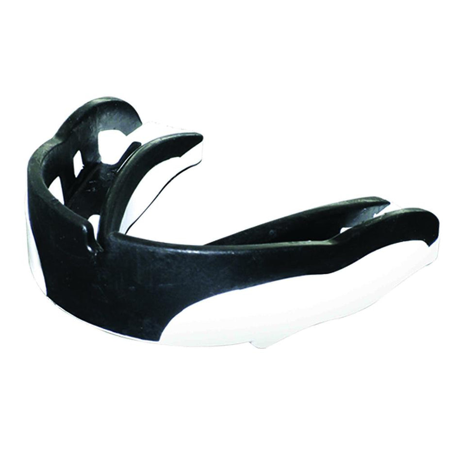 The Shock Doctor Shockdoctor V1.5 Mouthguard, shown from an angled side view, features a black-and-white design with a shock-absorbing jaw pad to protect teeth and gums while enhancing breathing.